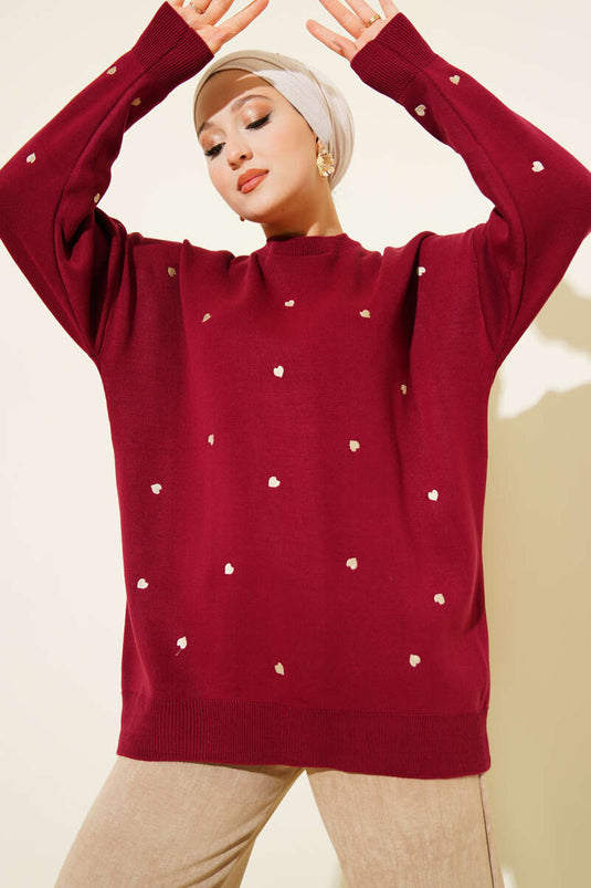 Small Heart Embroidered Knitwear Sweater, Burgundy