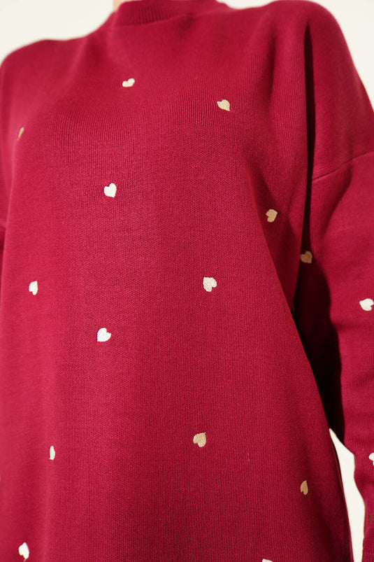 Small Heart Embroidered Knitwear Sweater, Burgundy