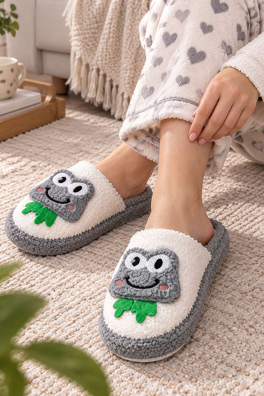 Gray Frog Patterned Indoor Slippers
