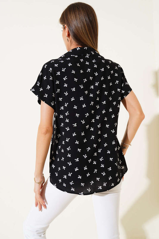 Chemise à manches courtes à motif ruban noire