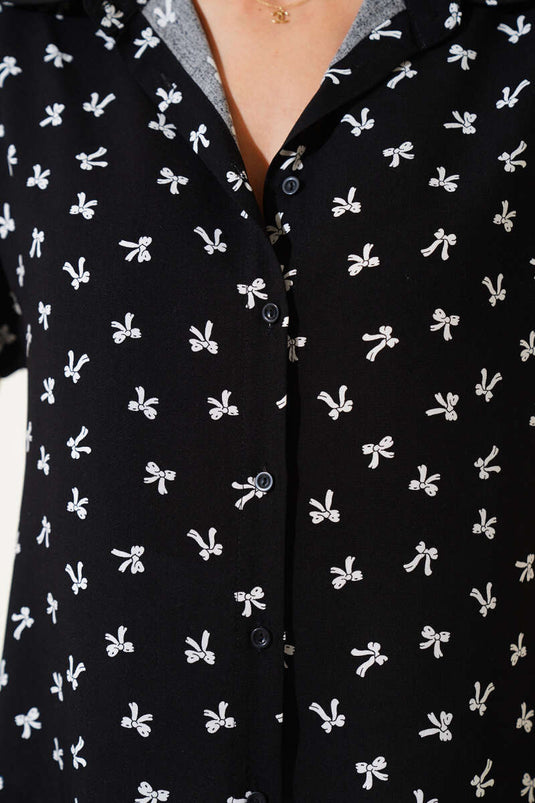 Chemise à manches courtes à motif ruban noire