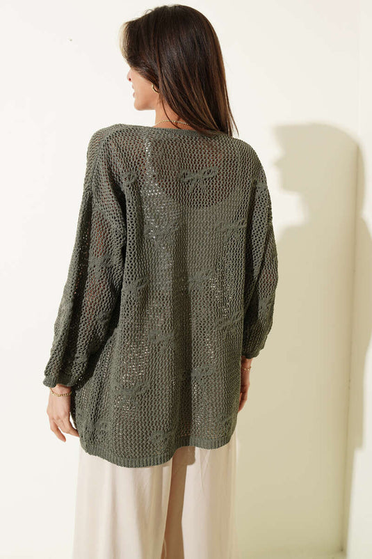 Strickjacke Mit Schleifenmuster Und Lochdesign In Neftigrün