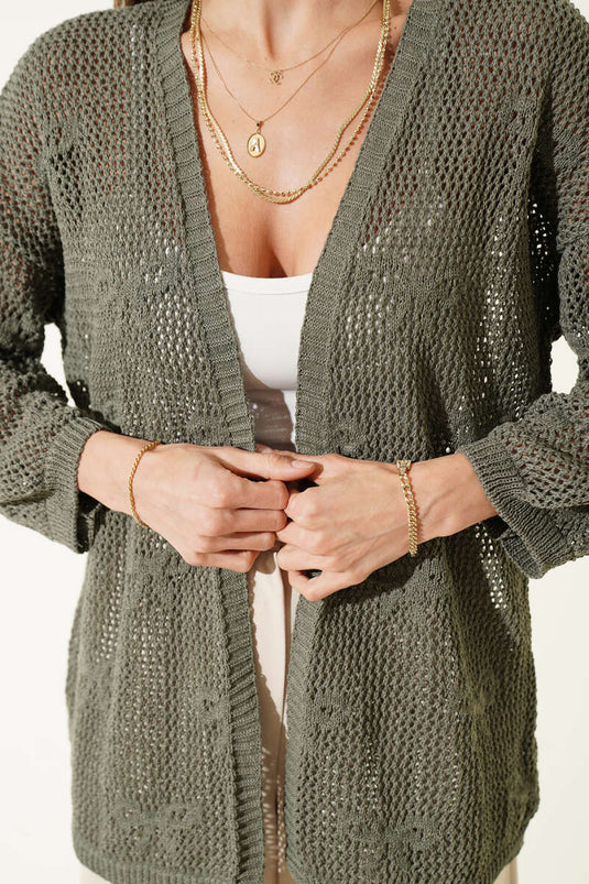 Strickjacke Mit Schleifenmuster Und Lochdesign In Neftigrün
