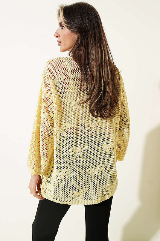 Kurdele Desenli Delikli Hırka Sarı