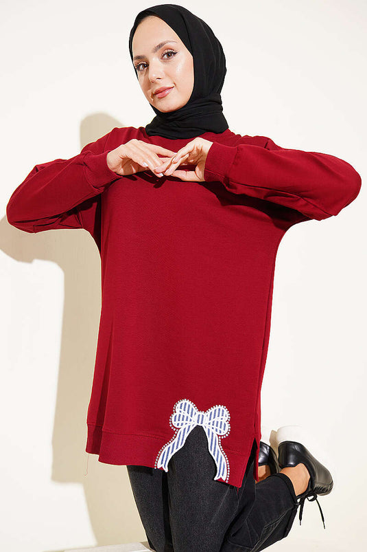 Kurdele Detaylı Bisiklet Yaka Tunik Bordo