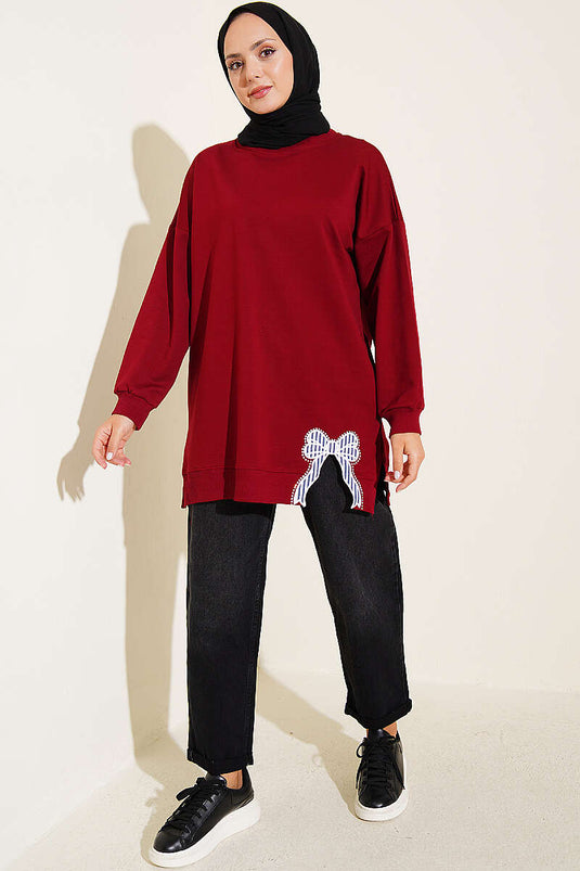 Kurdele Detaylı Bisiklet Yaka Tunik Bordo