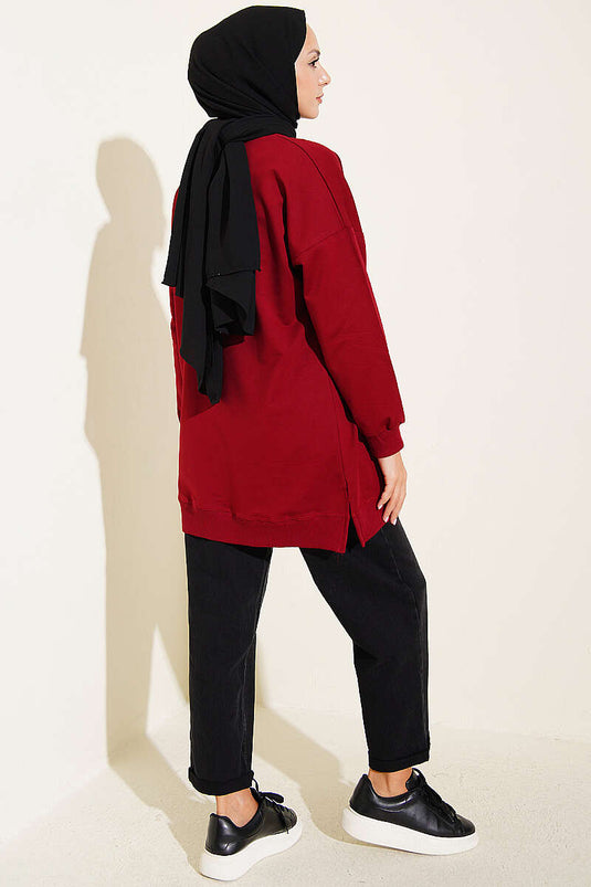 Kurdele Detaylı Bisiklet Yaka Tunik Bordo