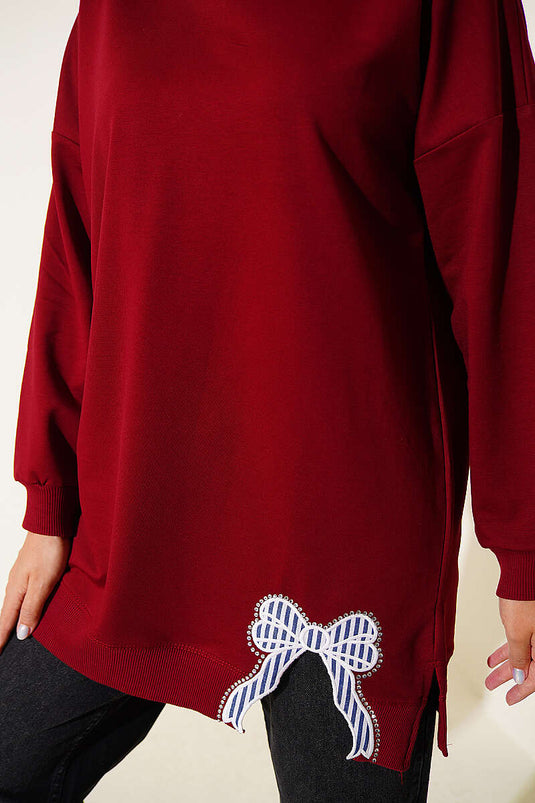 Kurdele Detaylı Bisiklet Yaka Tunik Bordo