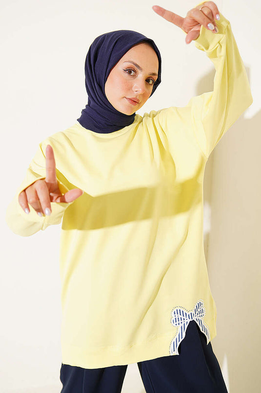 Kurdele Detaylı Bisiklet Yaka Tunik Sarı