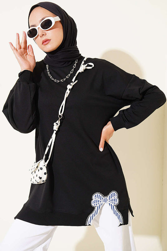Kurdele Detaylı Bisiklet Yaka Tunik Siyah