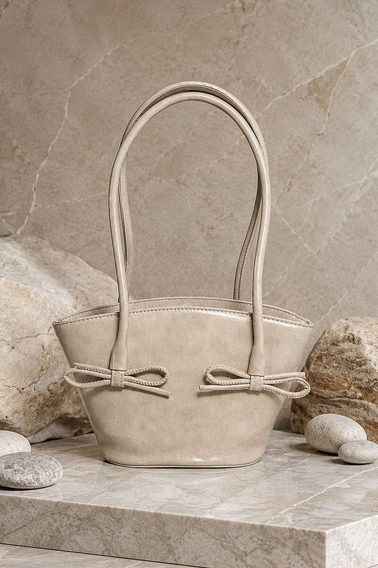 Beige Long Handle Women's Clutch With Tie Detail
