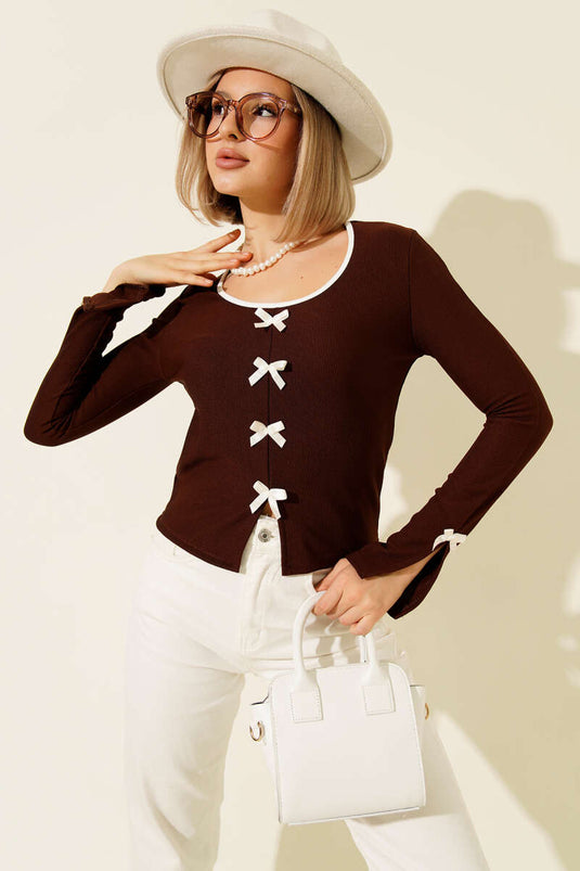 Ribbon Bowed Corduroy Blouse, Coffee