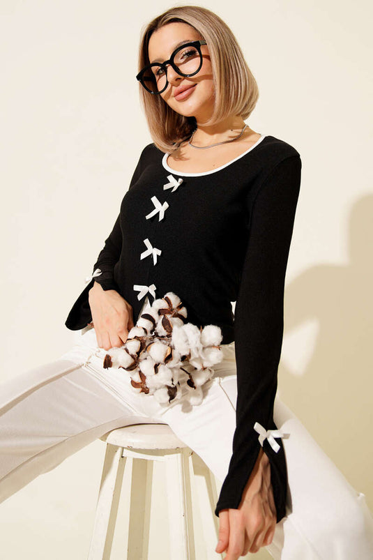 Ribbon Bow Ribbon Blouse Black