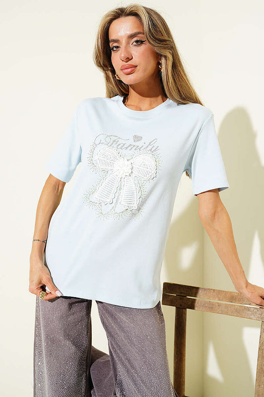 Kurdele Güpürlü T-shirt Buz Mavisi