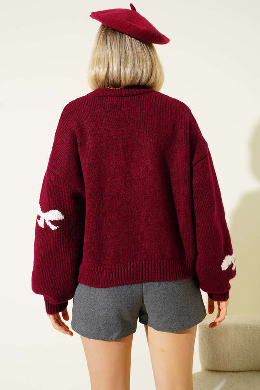 Maglione lavorato a maglia con ricamo a nastro, bordeaux