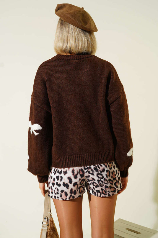 Maglione lavorato a maglia con ricamo a nastro, caffè