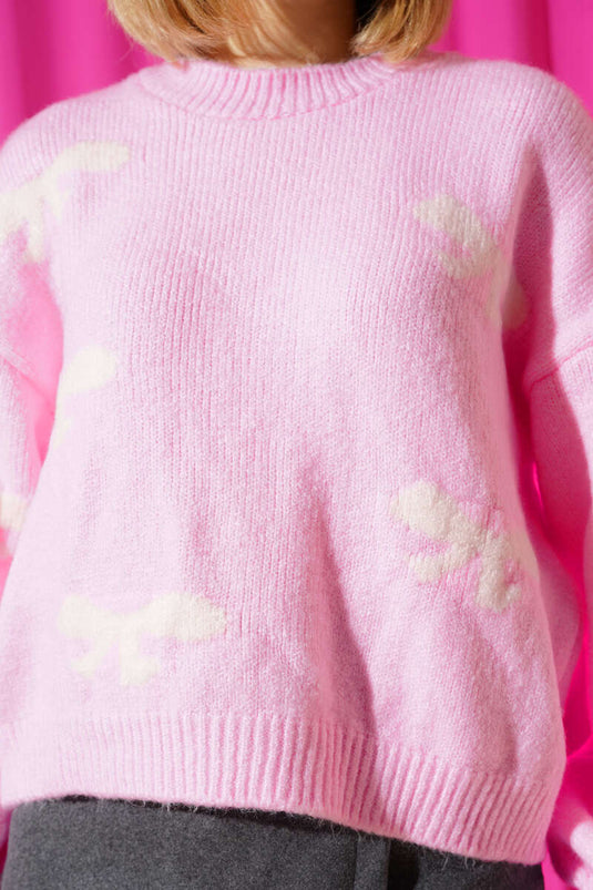 Maglione lavorato a maglia con ricamo a nastro rosa