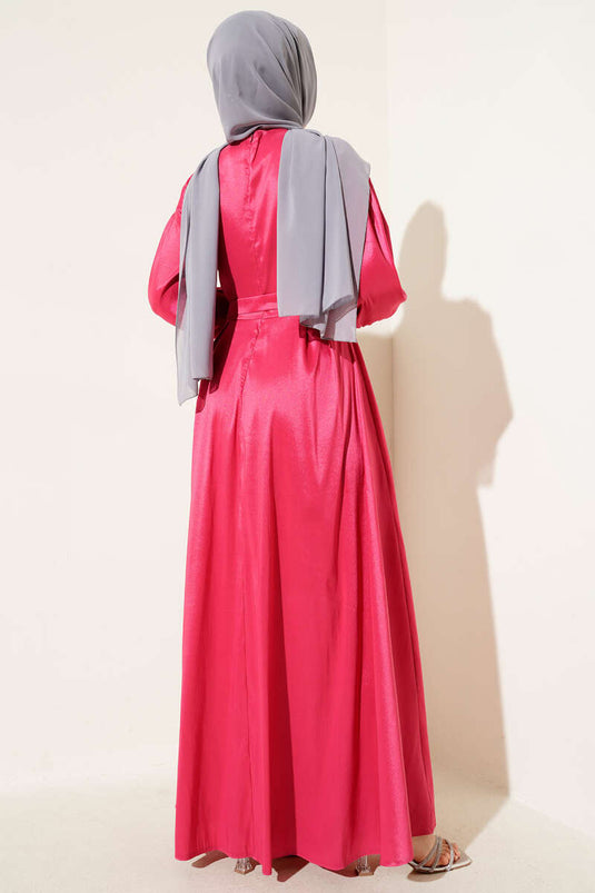 Ribbon Belted Evening Dress Fuchsia