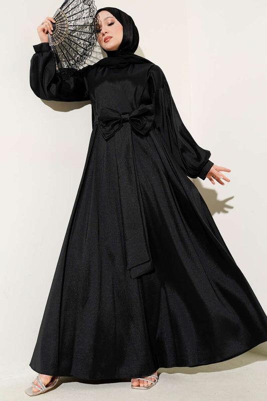 فستان سهرة أسود بحزام وشريط