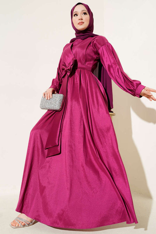 فستان سهرة بحزام وشريط باللون الكرزي