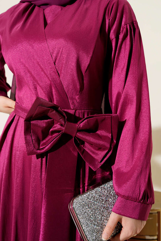 فستان سهرة بحزام وشريط باللون الكرزي