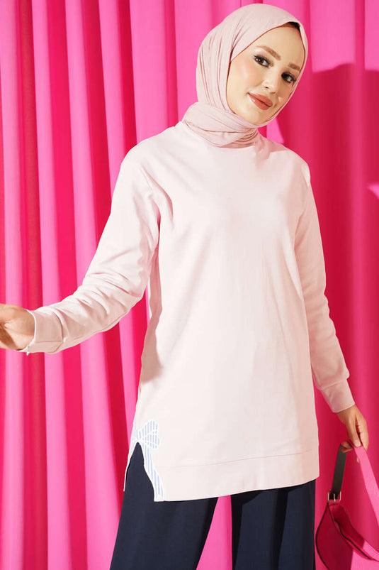 Kurdele Nakışlı Bisiklet Yaka Tunik Pembe