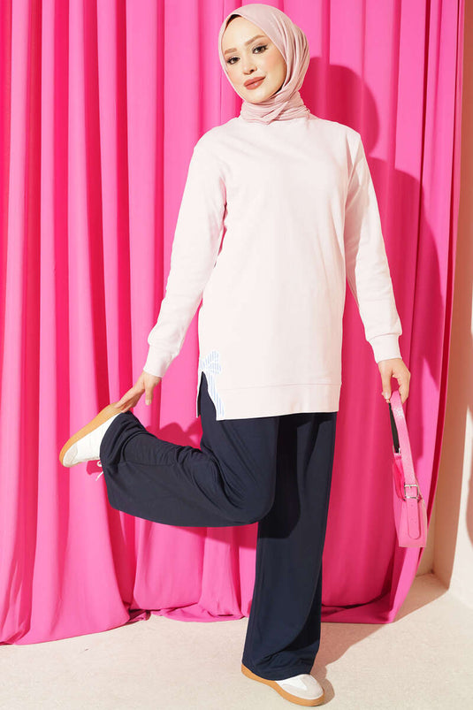 Kurdele Nakışlı Bisiklet Yaka Tunik Pembe