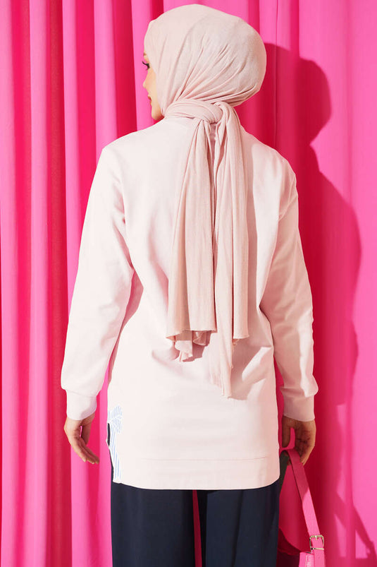 Kurdele Nakışlı Bisiklet Yaka Tunik Pembe