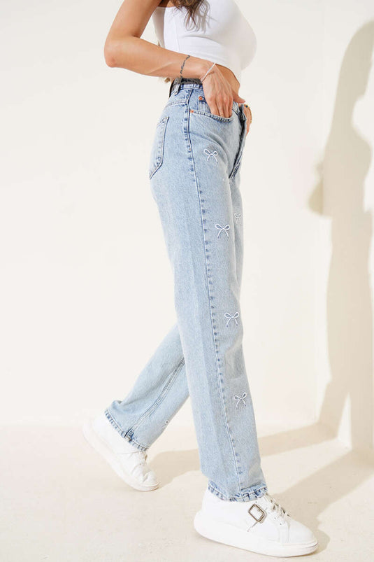 Wide-Leg Jeans with Ribbon Embroidery, Light Snow