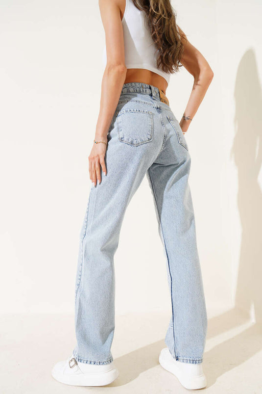 Wide-Leg Jeans with Ribbon Embroidery, Light Snow