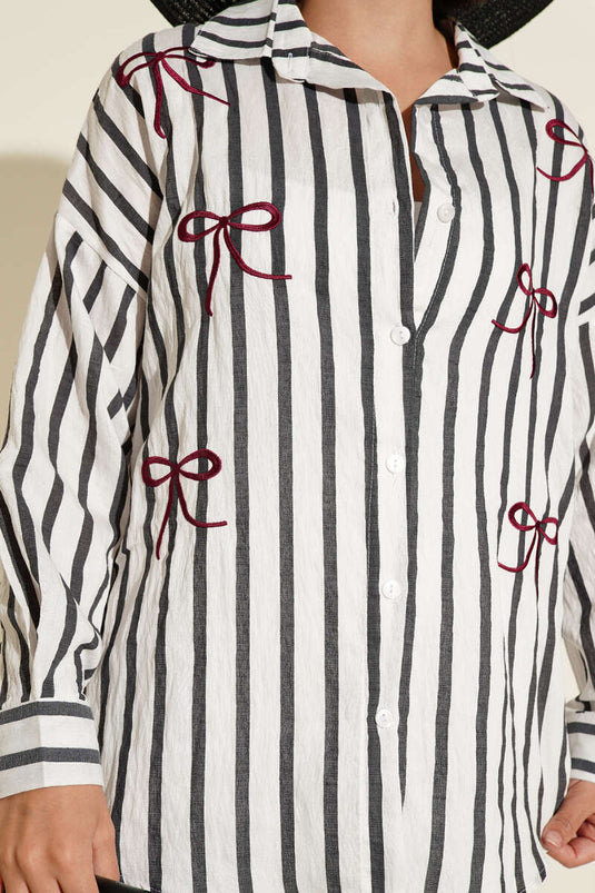 Chemise rayée brodée de rubans anthracite