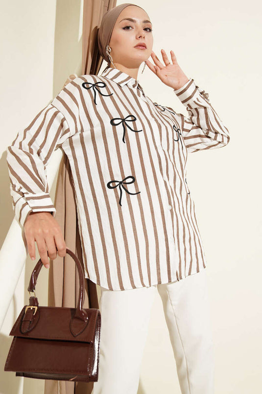 Chemise rayée brodée de ruban marron