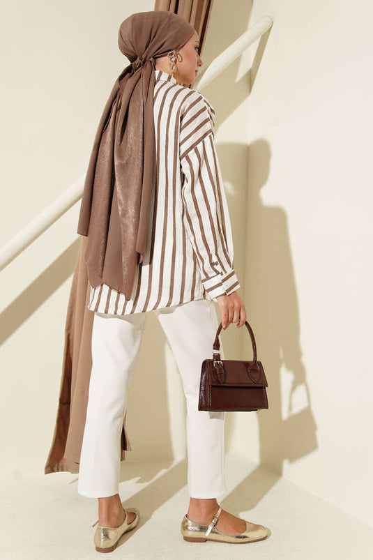 Chemise rayée brodée de ruban marron