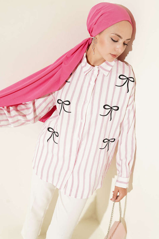 Ribbon Embroidered Striped Shirt Pink
