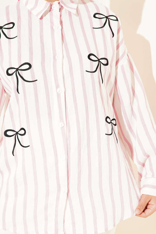 Ribbon Embroidered Striped Shirt Pink