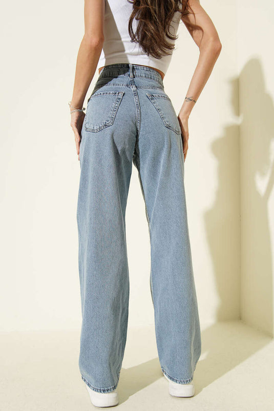 Kurdele Nakışlı Palazzo Kot Pantolon Açık Mavi