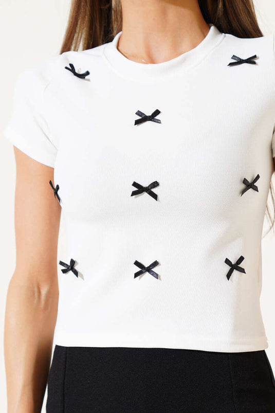 Ribbon Embellished Short Sleeve Crop White