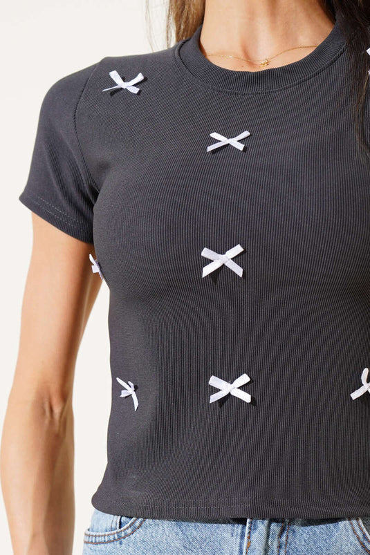 Ribbon Embellished Short Sleeve Crop Smoke