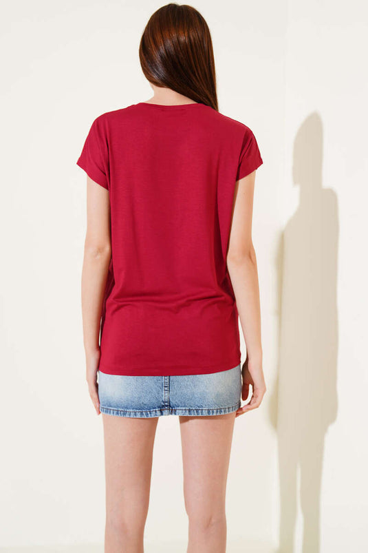 Lint versierd T-shirt bordeauxrood