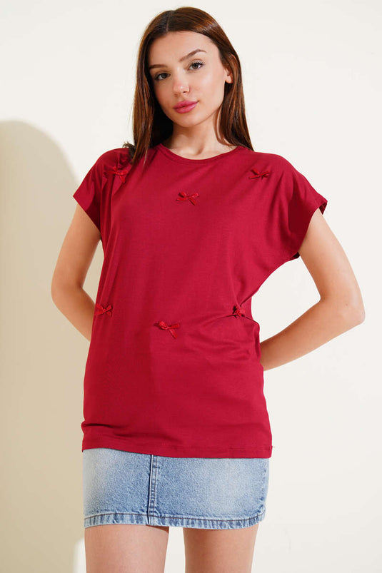 Lint versierd T-shirt bordeauxrood