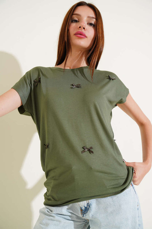 T-shirt met lintversiering, kaki