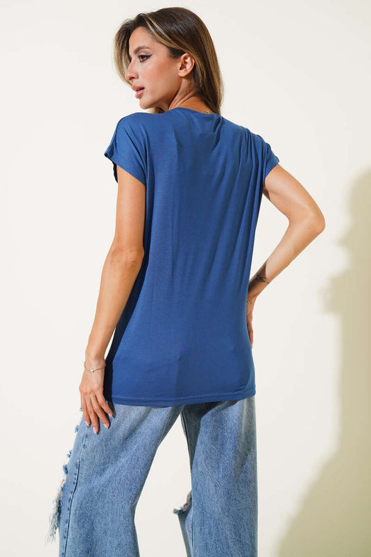 تي شيرت مزين بشريط، لون نيلي