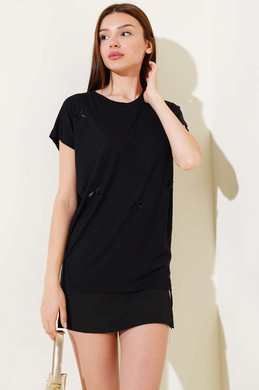 T-shirt met lintversiering, zwart