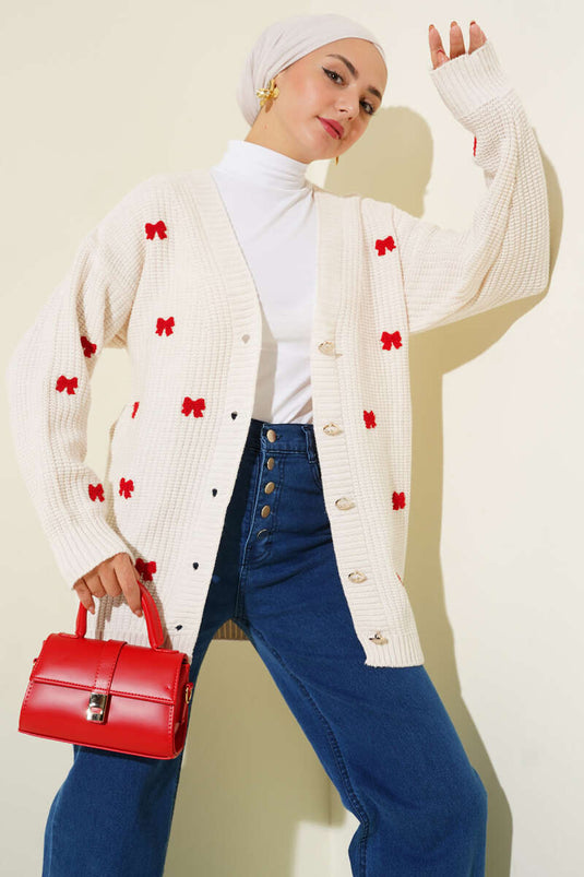 كارديجان محبوك مزين بشريط، بيج