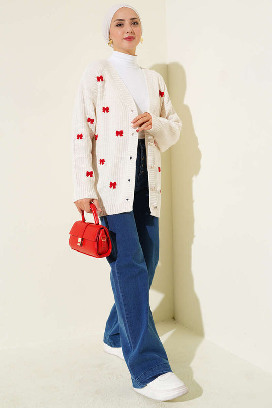 كارديجان محبوك مزين بشريط، بيج