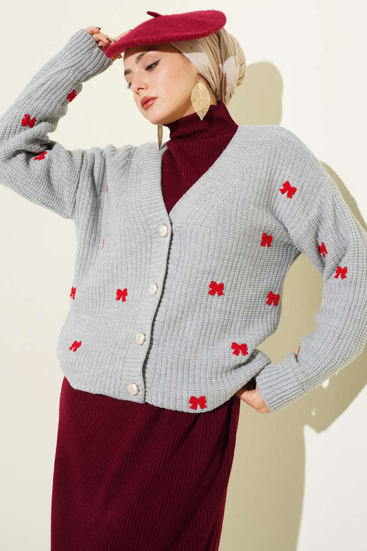 كارديجان محبوك مزين بشريط، رمادي