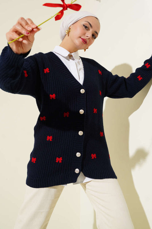 كارديجان محبوك باللون الأزرق الداكن مزين بشريط