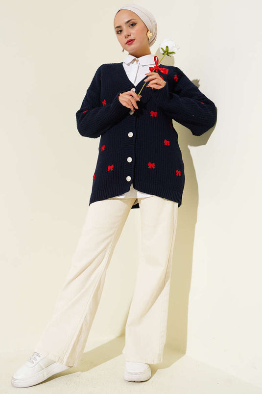 كارديجان محبوك باللون الأزرق الداكن مزين بشريط