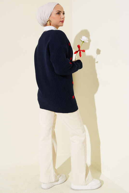 كارديجان محبوك باللون الأزرق الداكن مزين بشريط