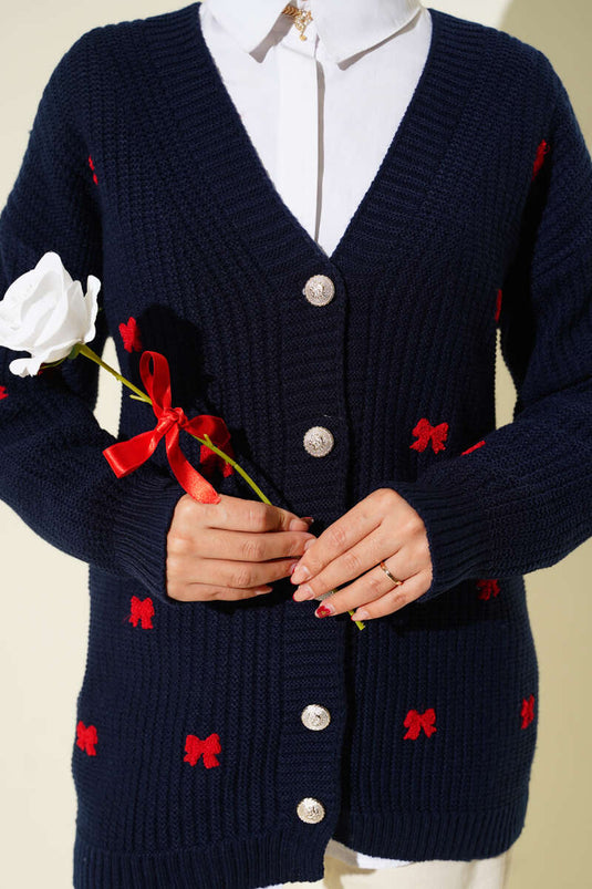 كارديجان محبوك باللون الأزرق الداكن مزين بشريط